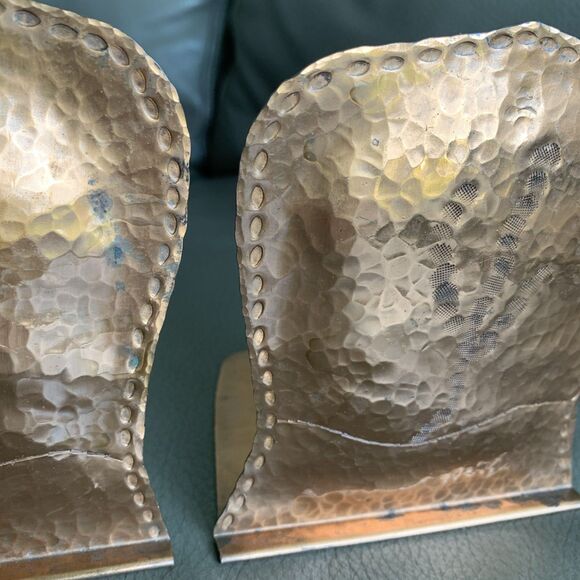 Vintage Hammered Copper Bookends Pair Rustic Tree Motif MCM Artsy Brutalist - Picture 13 of 16